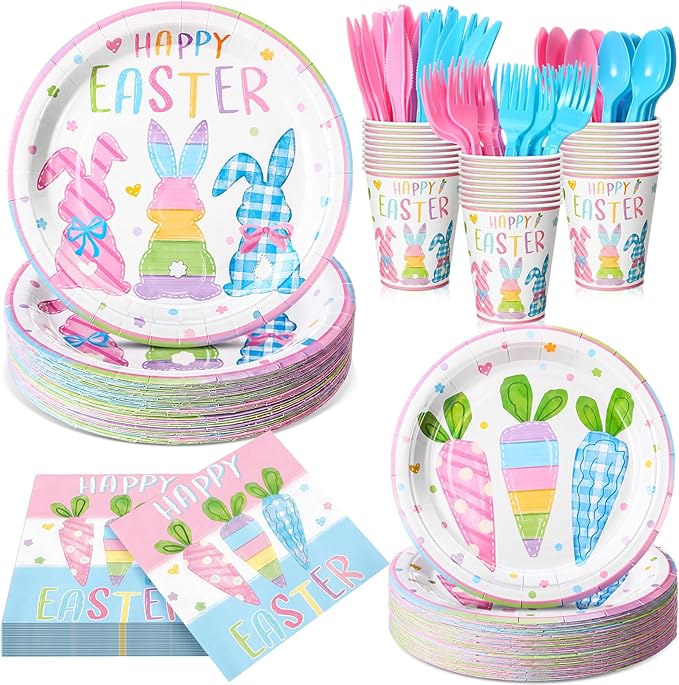 Honeydak 210 Pcs Happy Easter Party Supplies for 30 Guests, Includes Colorful Bunny Plates, Cups, Napkins, Cutlery - Cute Rabbit Carrot Tableware Decoration for Baby Shower Easter Party