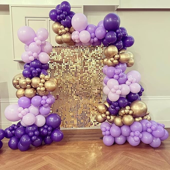Purple Gold Balloon Garland Arch Kit, Metallic Gold and Latex Purple Balloons Different Sizes 18/12/10/5 inch for Wedding Anniversary Birthday Graduation Bridal Shower Bachelorette Party Decorations