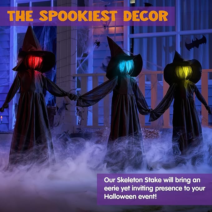JOYIN Halloween Witch Decorations Outdoor Yard Stakes 3 Pack, 4.2 FT Multicolored Light Up Scary Flying Witch with Sound Activation, for Halloween Graveyard Lawn Yard Garden Decorations