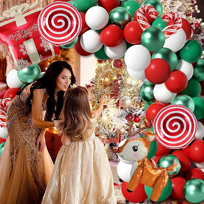 Christmas Balloons Garland Arch Kit, 85 Pcs Red Green White Balloons with Candy Elk Santa Claus Gift Box Mylar Balloons for Candy Theme Baby Shower Birthday Christmas party Decoration