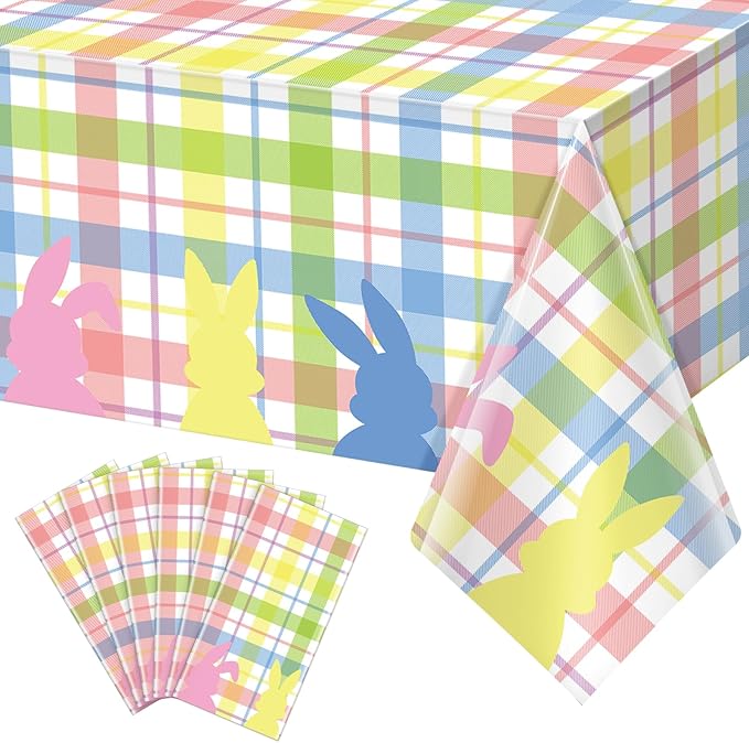 6Pcs Spring Easter Buffalo Plaid Checkered Tablecloth Decorations,Plastic Bunny Watercolor Pink Blue Yellow Green Pastel Disposable Table Cover for Spring Birthday Easter Party Supplies,54 x 108 Inch