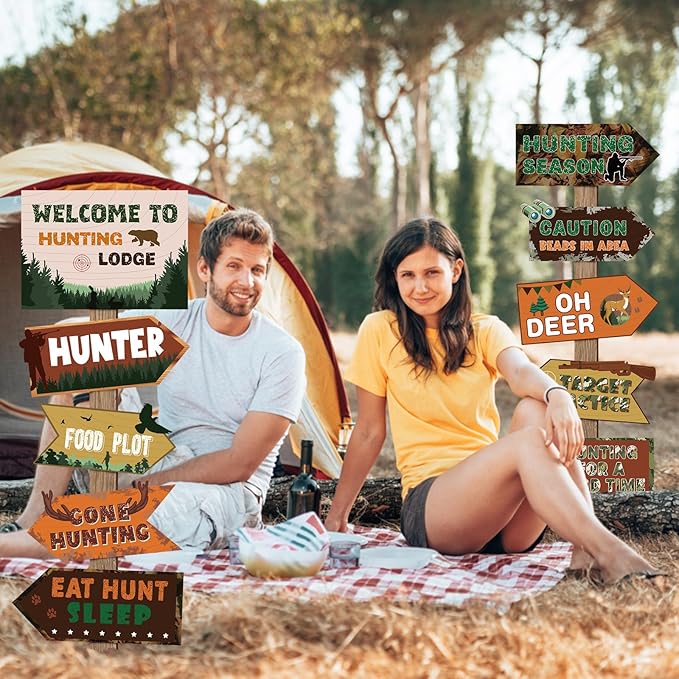 Hooqict 20 Pieces Hunting Party Decorations Hunting Themed Party Directional Signs for Camo Deer Birthday Party Decorations Welcome to Camouflage Party Supplies for Boys Men