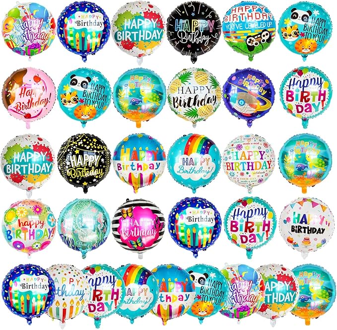 120Pcs Mylar Birthday Balloons, Happy 18IN Round Birthday Foil Helium Balloons Bulk for Party Decoration Supplies
