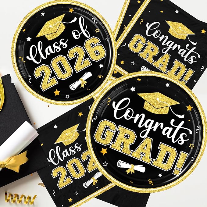Black and Gold Graduation Decorations,200pcs Black and Gold Graduation Paper Plates and Napkins,Class of 2026 Plates for Grad Party Decorations,Serve 50