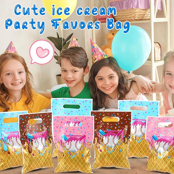 Glenmal 50 Pcs Baseball Ice Cream Drip Party Favors Gift Bags Plastic Ice Cream Baseball Goodie Candy Treat Snack Bags for Birthday Party Supplies