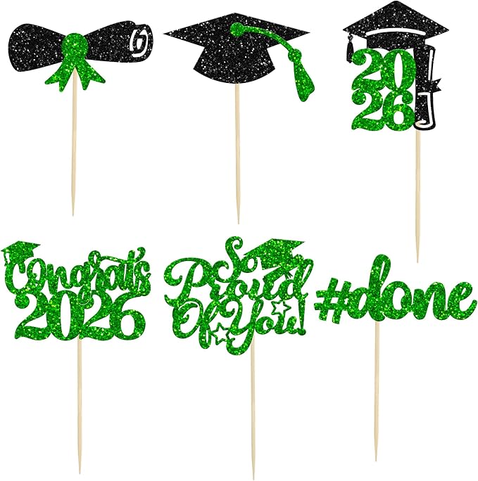 Gyufise 24Pcs Graduation Cupcake Toppers 2026 Glitter Class of 2026 Cupcake Toppers So Proud of You Congrats Grad Cap Diploma Cupcake Picks for Graduation Party Decorations 2026 Green