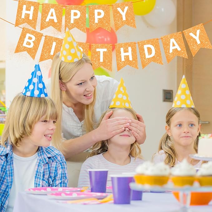 Orange Happy Birthday Banner Birthday Sign for Backdrop Happy Birthday Garland for Kids Girls Women Orange Birthday Tea Party Decorations Bunting Banner Birthday Party Supplies