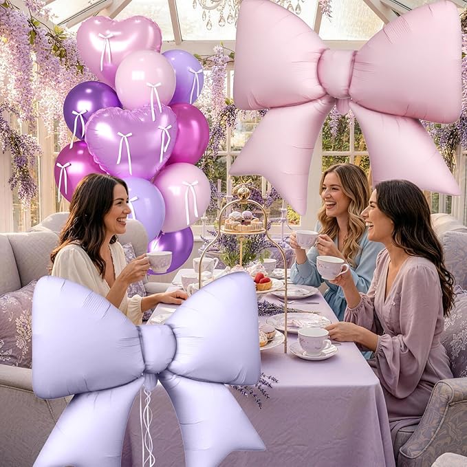 16Pcs Pink and Purple Heart Balloons, 38 Inch Bow Balloons, Metallic Pink Purple Latex Balloon Foil Balloon with Bow Ribbons for Girls Women Birthday Wedding Bridal Baby Shower Valentines Decorations