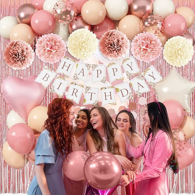 Pink Birthday Decorations for Women, Boho Dusty Pink Rose Gold Blush Beige Latex Balloons Happy Birthday Banner Foil Fringe Curtain Tissue Paper Pompom for Woman Girls Party Decoration Supplies