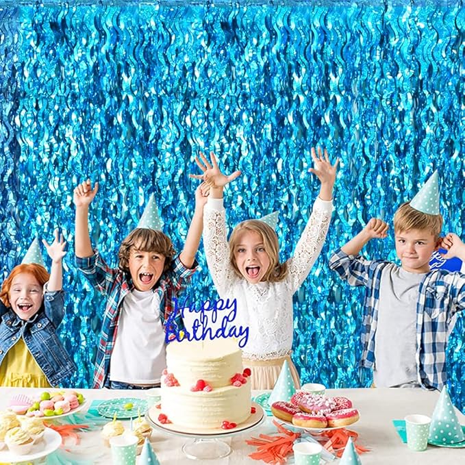 TONIFUL 2Pcs Wavy Metallic Tinsel Foil Fringe Curtains Teal Blue Streamer Backdrop for Photo Booth Props,Party Door Wall Curtains,Bachelorette,Underwater World Birthday Party Decor (6.6ft x 6.6ft)