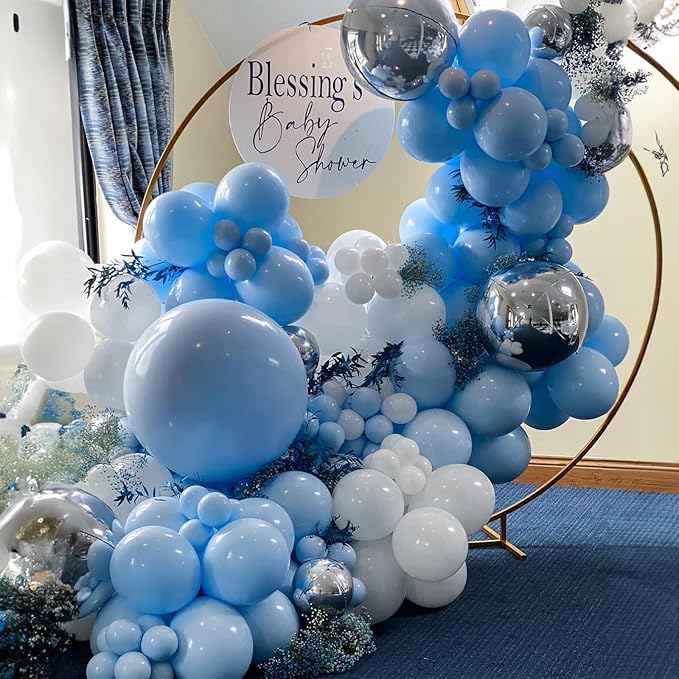 Blue White Balloon Arch Kit Baby Blue White Silver Balloon Garland 4D Silver Foil Balloons Pastel Light Blue Silver Latex Balloons Christening Boy Birthday Baby Shower Party Decorations QQ-113