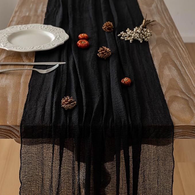 Keketoarrange Black Table Runner Cheesecloth Gauze Rustic Premium Cotton Cheese Cloth Table Decor 120 Inch 10 FT for Wedding Bridal Baby Shower Long Sheer Boho Home Decorations