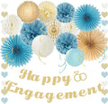 Holkcog Happy Engagement Party Decorations Kit, Glitter Engagement Party Banner for Congratulations, Blue Gold Engaged Wedding Shower Paper Fan, Paper Flower Ball, Heart Banner, Hanging Swirls, Supply