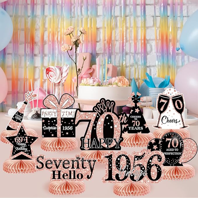9Pcs 70th Birthday Decorations Honeycomb Centerpieces for Women, Rose Gold Pink Happy 70th Birthday Centerpieces Tables Toppers Party Decorations Supplies, Vintage 1956 Aged Table Sign Decor