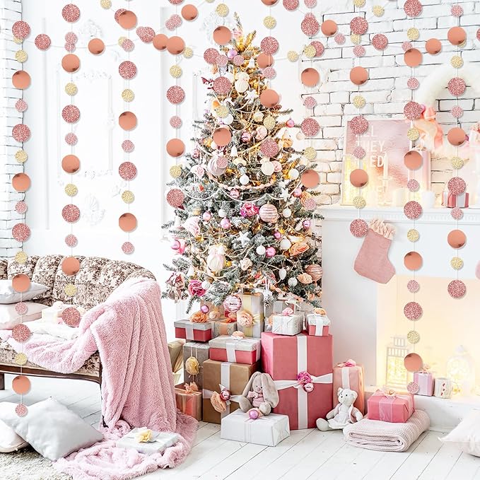Outus 5 Pieces Rose Gold Round Dots Garland Easter Graduation Party Hanging Decor Each Length 13.1ft Glitter Paper Dot Streamers for Birthday Wedding Classroom (Champagne)