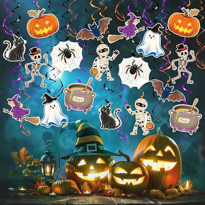 Halloween Hanging Swirls, 48Pcs Halloween Ceiling Hanging Decorations Ghost Pumpkin Witches Swirls Streamers for Indoor Outdoor Party Supplies