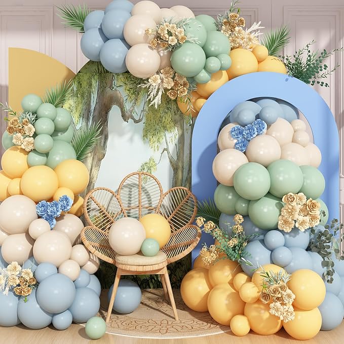 Sage Green Dusty Blue Yellow Balloon Garland 126 Pcs Slate Blue Olive Green Yellow Sand White Cream Party Latex Balloons Arch Kit for Bridal Birthday Wild Party Deocration
