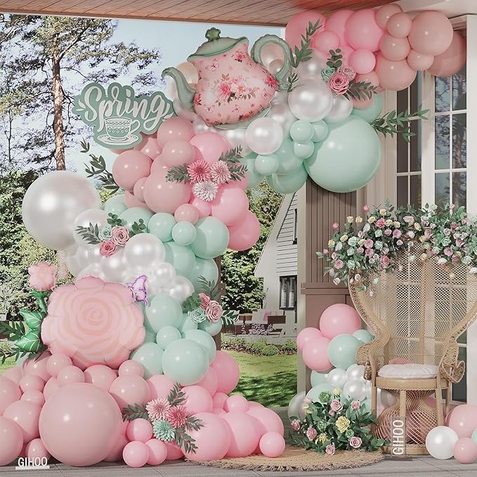 Spring Tea Party Decorations 139pcs Pastel Floral Balloon Garland Arch Kit with Pink Green Teapot and Floral Mylar Balloon for Let's Par-Tea Birthday Spring Garden Mothers Day Tea Party Decor