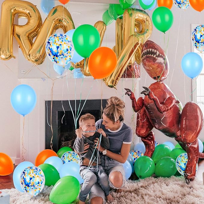Orange Blue and Green Latex Balloons with Confetti Balloons for Dinosaur Baby Shower Birthday Party(80 Packs)