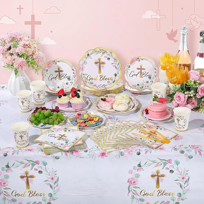 Pickmesh 194 Pcs God Bless Baptism Party Decoration Girl for 24, Pink Floral Baptism Paper Plate Napkin Cup Tablecloth Cutlery First Holy Communion Tableware for Christening Baby Shower Supply