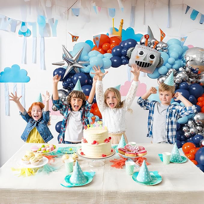 150Pcs Robot Balloon Arch Kit with Robot & Explosion Star Foil Balloons - Blue, Silver, Orange Balloons Arch Supplies for Robotics for Party, Sci-Fi Themed Birthday & Baby Shower (Blue Orange)