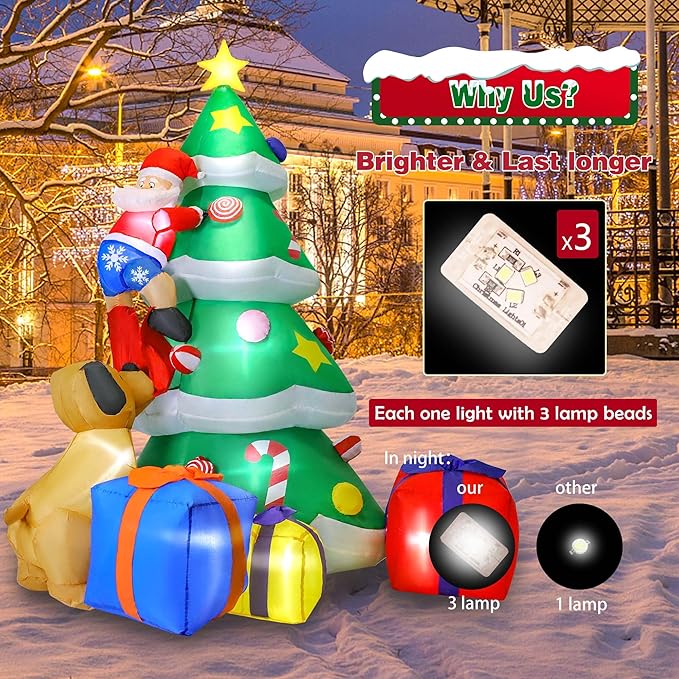 7FT Christmas Inflatable Tree Giant with Dog Bite Santa Claus 3 Wrapped Gift Boxes, Bright LED Lights Christmas Outdoor Decorations Blow Up Decor for Xmas Indoor Party Yard Patio Garden Lawn