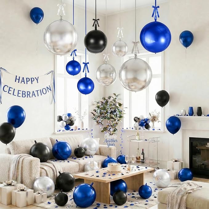 Togvu Black Blue Silver Round Balloons, 15PCS Different Sizes 4D Metallic Foil Balloon Large Sphere Mirror Ball Balloons for Prom Graduation New Year Birthday Party Ceiling Decorations Supplies