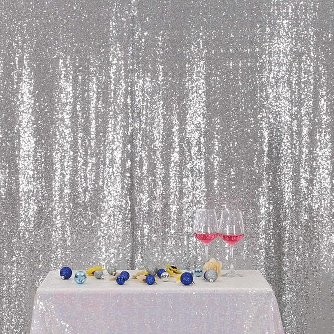 Juya Delight 4FTx7FT Silver Shimmer Photobooth Backdrop Curtains - Silver Glitter Sequin Photo Backdrop for Wedding Birthday Parties Wall Decoration
