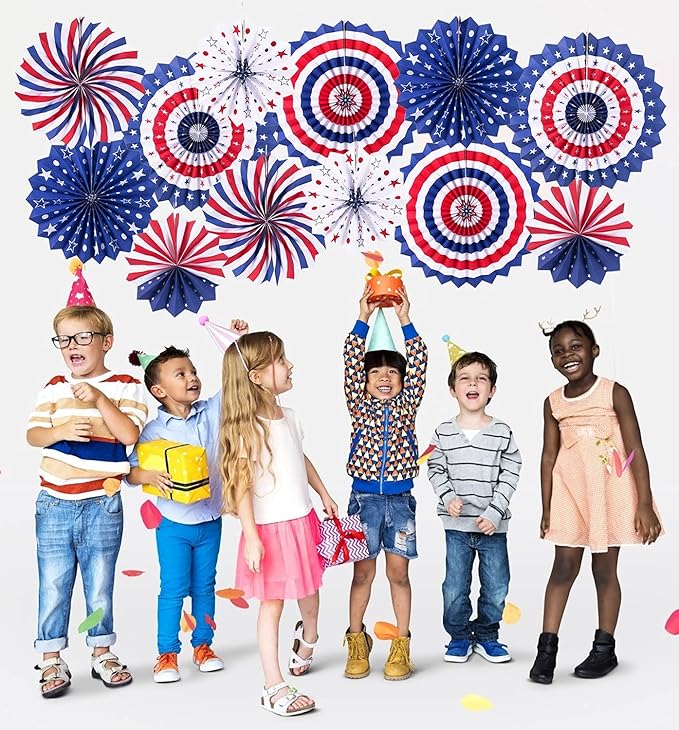 4th of July Patriotic Decorations 12PCS Hanging Paper Fan for USA Patriotic Decorations Independence Day Memorial Day American Theme Party Veterans Birthday Decor Supplies