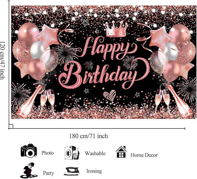 YinQin 180x120 cm Glitter Rose Golden Happy Birthday Party Backdrops Cloth 71x47 inch Pink Golden Bday Photography Backgrounds Black Rose Gold Happy Birthday Sign Banner Decorations for Girl Women