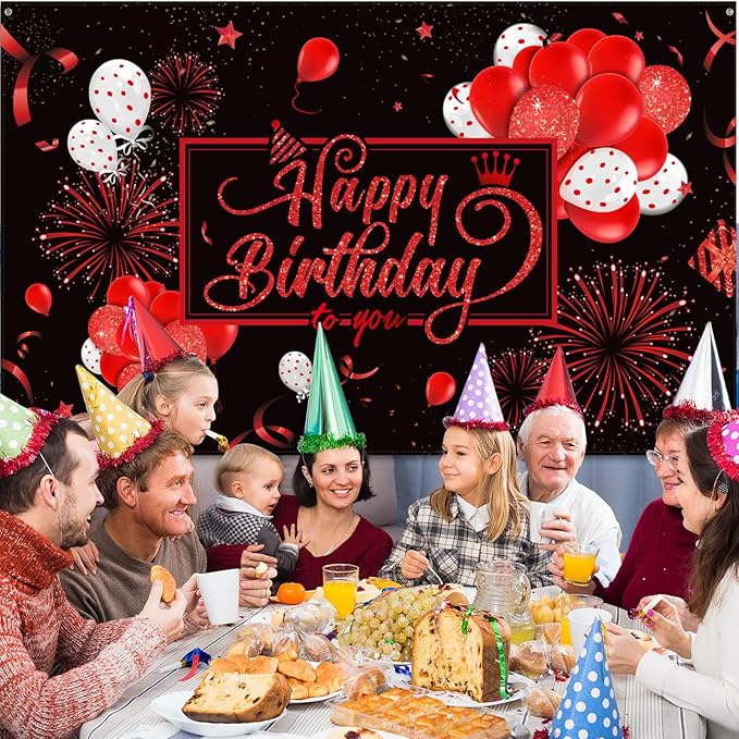 Blulu Happy Birthday Backdrop Banner Sign Poster Large Fabric Glitter Balloon Fireworks Sign Photo Backdrop Background for Birthday Party Decoration Supplies, 72.8 x 43.3in(Black and Red)