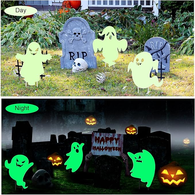 6 Pcs Halloween Yard Stake Glow in The Dark Ghost Lawn Stakes with Green Fluorescent Layer - Scary Lawn Decorations for Outdoor Garden Patio Yard
