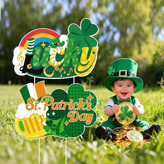 10Pcs St. Patrick's Day Yard Sign Decorations Gnome Lawn Outdoor Decor with Stakes Saint Patricks Day lrish Home Garden Decorations