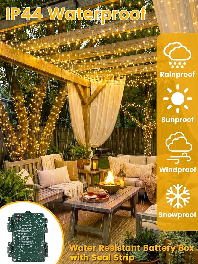 2 Pack Battery Operated Christmas Lights with Timer, 66FT 200 LED Waterproof Battery Twinkle Light, 8 Modes Green Wire Fairy Lights for Indoor & Outdoor Bedroom Tree Christmas Decorations (Warm White)