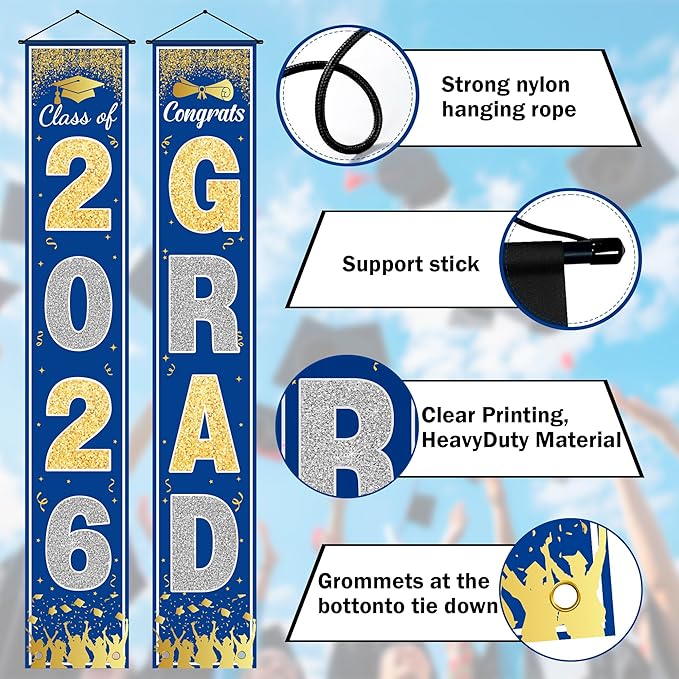 OHOME Graduation Decorations 2026 - Blue Gold Congrats Grad Porch Banner for Graduation Party Decorations - Class of 2026 - Party Favors Supplies Backdrop Yard Signs Decor (Blue)