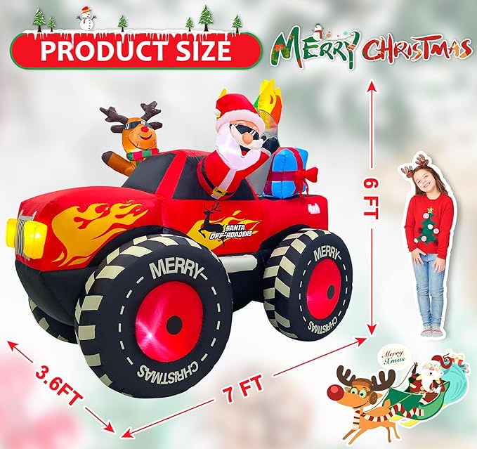 EAONE 7FT Christmas Inflatable Outdoor Decoration, Inflatable Santa Claus & Reindeer on Monster Truck, Blow Up Yard Decorations LED Lighted for Yard, Garden, Lawn, Home Xmas Holiday Decor