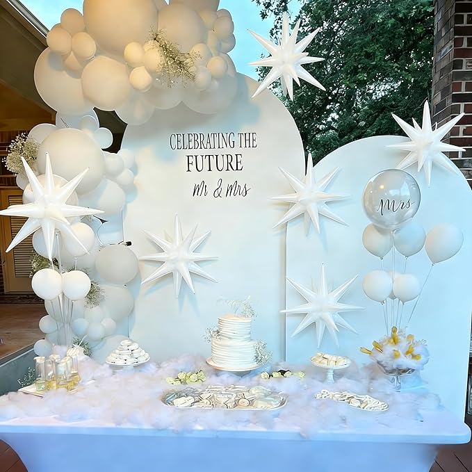 6PCS White Star Balloons, 22Inch Huge White Explosion Star Balloons Spike Cone Foil Balloon for Wedding Engegament Baptism Baby Shower Bridal Shower Birthday Party Supplies