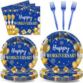 96Pcs Happy Work Anniversary Party Supplies Blue Gold Happy Workiversary Tableware Dinnerware Set Worker Appreciation Plates Napkins Decorations for Women Men Office Employee Worker