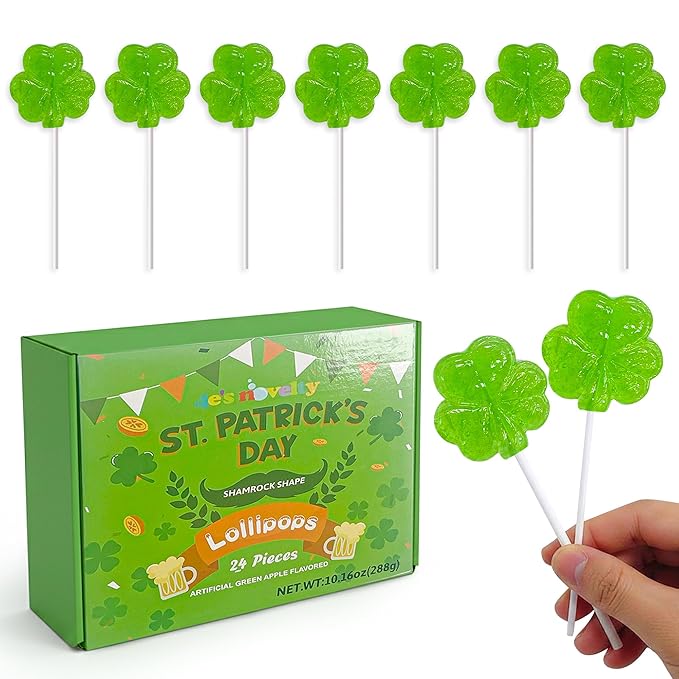 4E's Novelty 24 Pack St. Patrick's Day Shamrock Lollipops, Green Apple Flavor Individually Wrapped Shamrock Shape Candies, St Patricks Suckers Party Favors Goodie Bag Fillers, Fun St Patty's Day Office Classroom Candy