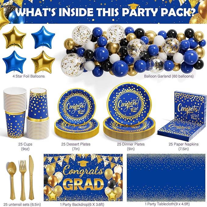 Ecomore 2026 Graduation Decorations - 245 PCS Grad Disposable Dinnerware(Serve 25) & Graduation Party Supplies With Congrats Paper Plate Cup Napkin Cutlery Tablecloth Backdrop Balloon Kit - Blue Gold