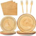 Wiooffen 96 PCS Brown Paper Tableware Set - Rustic Wood Tree Party Supplies for 24 Guests, Includes Plates, Forks, Napkins for Camping, Hunting Theme