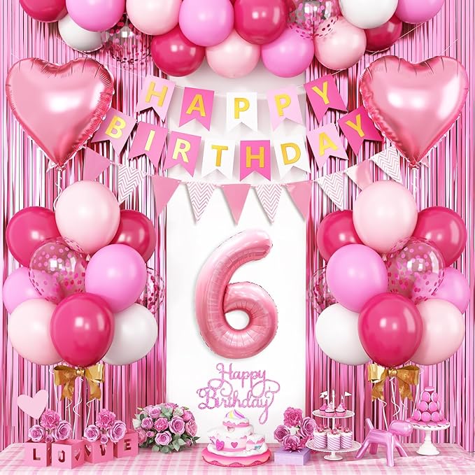 6th Birthday Decorations for Girls: Hot Pink Balloons, Happy Birthday Banner, Fringe Curtain, Cake Topper, Heart Foil Balloons
