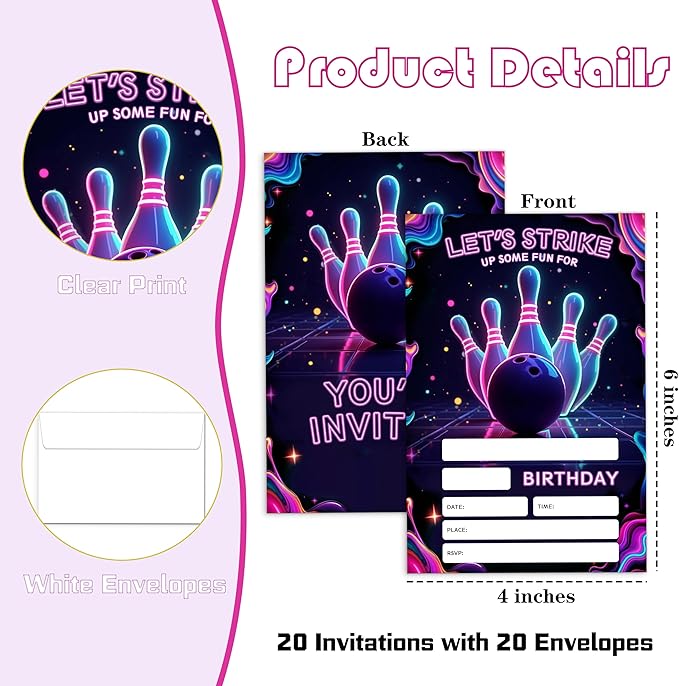 Neon Bowling Birthday Party Invitation Cards 20 Invitations With Envelopes, Bowling Invites For Birthday Parties,Theme Birthday Decorations, Party Gathering Invitation (4x6 inch)