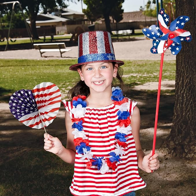 Sfcddtlg 30 Pcs 4th of July Patriotic Themed Paper Fans, American Flag Star and Stripe Folding Fans, Independence Day Red White Blue Handheld Fans for Summer Memorial Day Party Decor Supplies