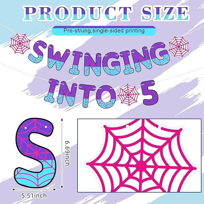 TaoBary Spider Theme 5th Birthday Banner, Pre-strung Swinging into 5 Banner, Spider 5th Birthday Decorations Party Supplies for Kids, Fifth Decor for 5 Year Old Boys Girls(Pink and Purple)