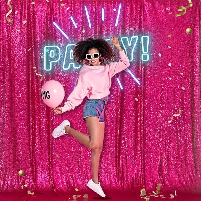 PartyDelight Hot Pink Sequin Backdrop 8x8ft - High Density 3mm Shimmer Sequin Background with 4-Inch Rod Pocket, Sparkly Photography Curtain for Wedding, Bachelorette Party & Event Decor