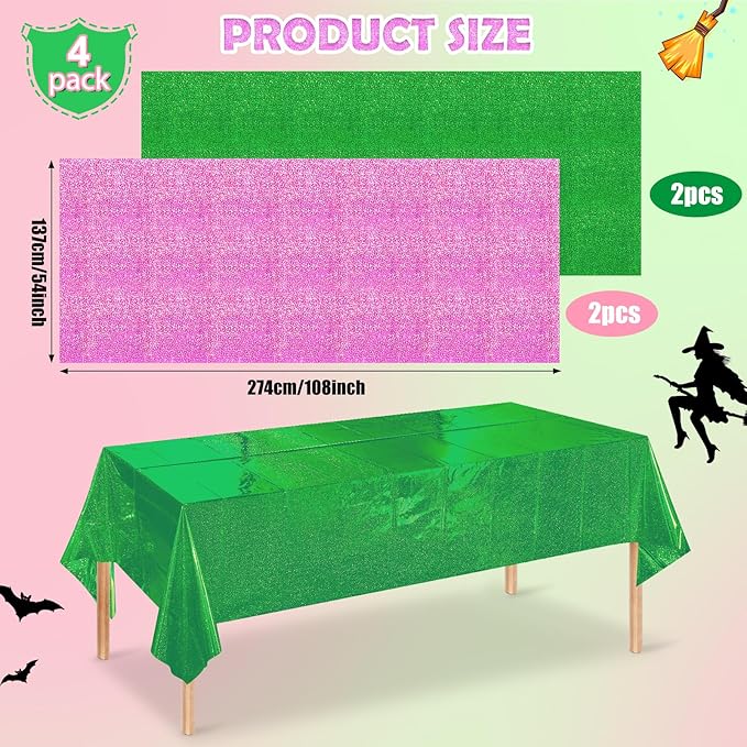 4 Pcs Iridescent Pink and Green Tablecloth Party Decorations, Holographic Foil Plastic Table Cloths for Rectangle Tables, Disposable Green and Pink Table Cover for Witch Theme Birthday Party Supplies