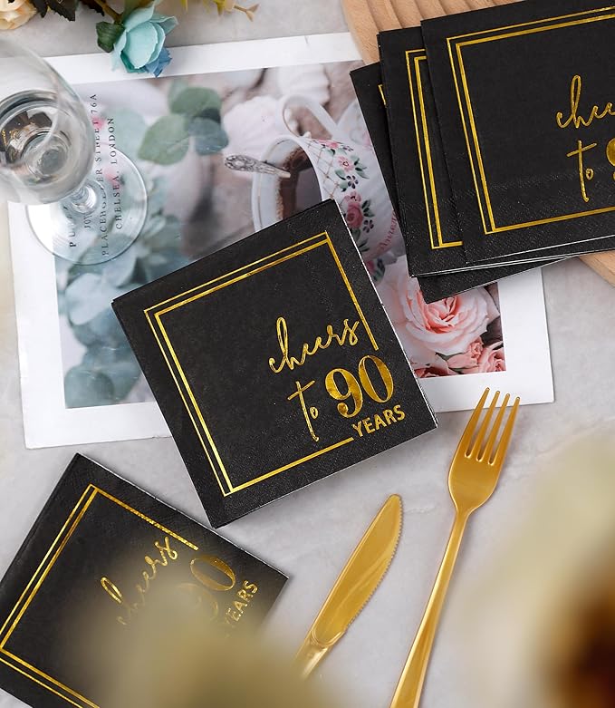 Cheers to Years Cocktail Napkins - 50 PK - 3-Ply Birthday Napkins 5x5 Inches Disposable Party Napkins Beverage Paper Napkins or Birthday Decorations Wedding Anniversary Black and Gold (90 Years)