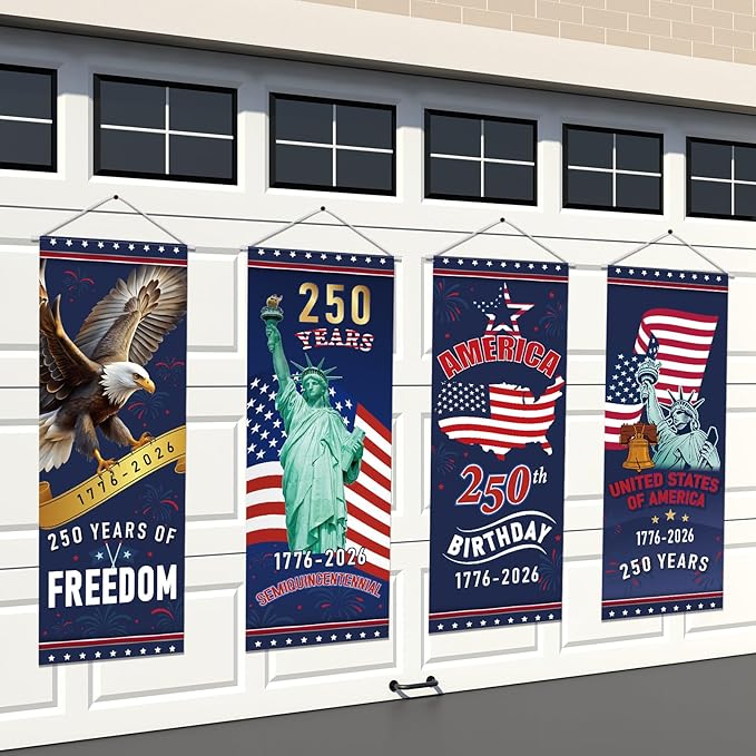 Panelee 4 Pcs 250th Anniversary Banner Decoration Patriotic American Flag Porch Banner 250th Anniversary Hanging Backdrop for Independence Day 4th of July Wall Indoor Outdoor Decor