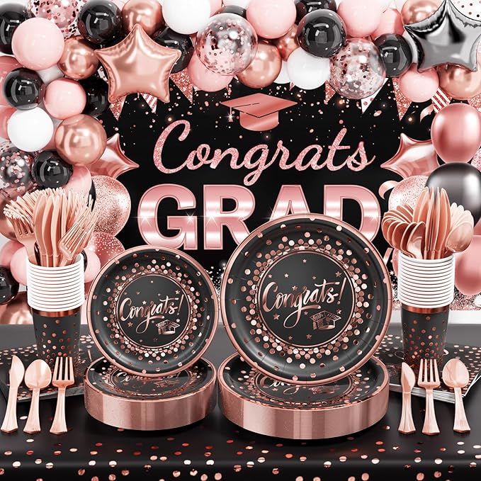 Ecomore 2026 Graduation Decorations - 245 PCS Grad Disposable Dinnerware(Serve 25) & Graduation Party Supplies With Congrats Paper Plate Cup Napkin Tablecloth Backdrop Balloon - Black Pink Rose Gold